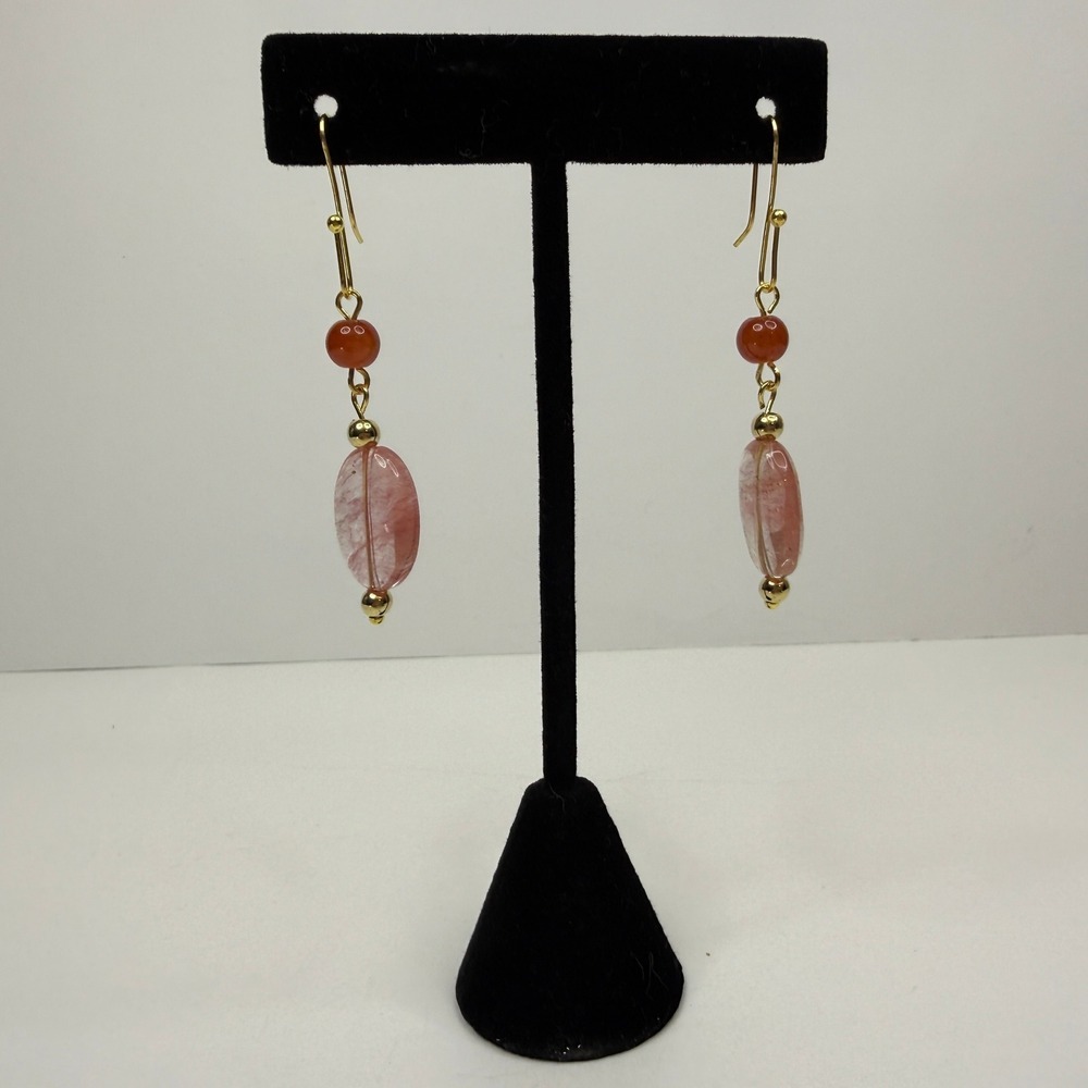 Orange Glass Quartz Carnelian Bead Dangle Earrings Gold Tone Accents Jewelry 2in
